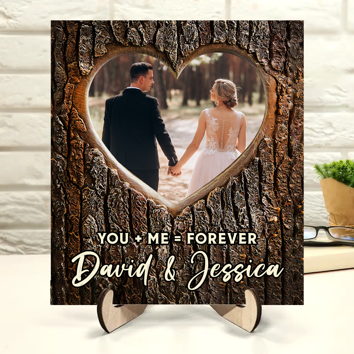 Custom Photo Pencil Drawing Carved In Love Couple You + Me = Forever - Personalized 2-Layered Wooden Plaque With Stand