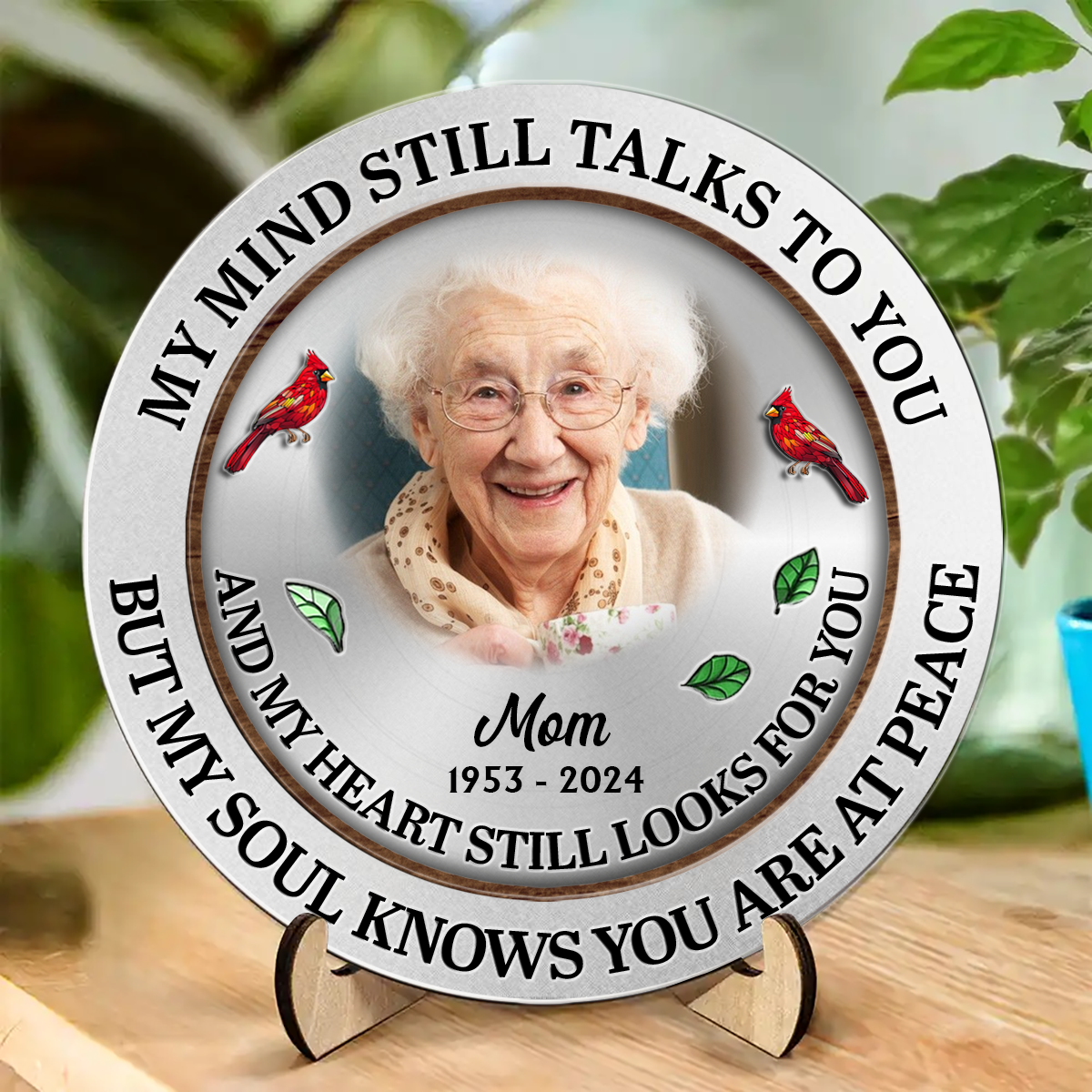 Custom Photo Memorial My Mind Still Talks To You - Personalized 2-Layered Wooden Plaque With Stand