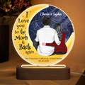 Plaque en acrylique personnalisée en forme de cercle « Love You To The Moon » avec couple assis sur la lune et carte du ciel, veilleuse LED, cadeau d'anniversaire touchant pour elle, pour lui