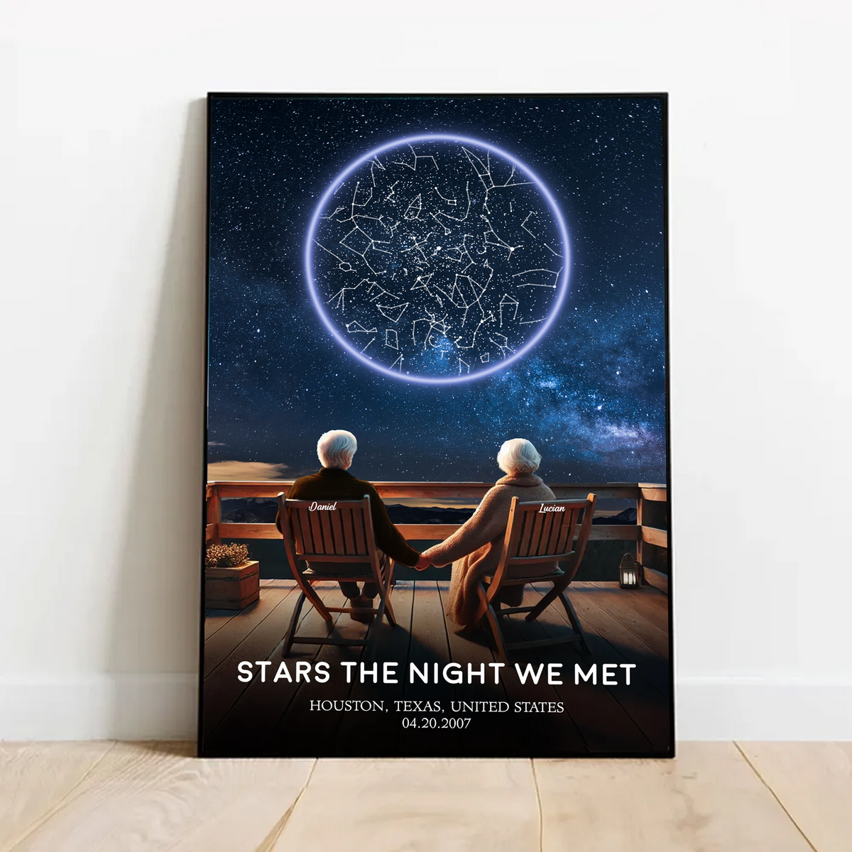 Custom Star Map Personalized Poster, Romantic Old Couple Sitting on the Beach