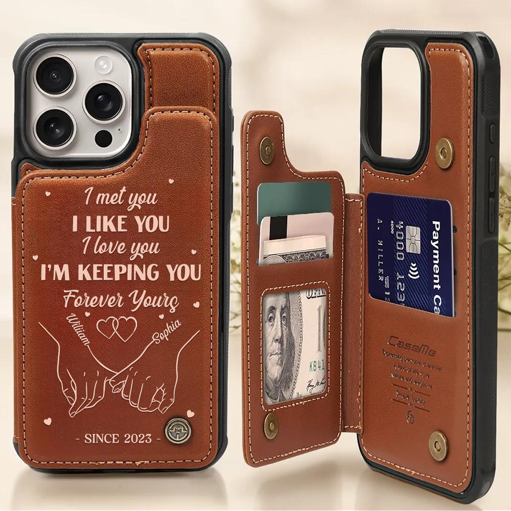 Je t'ai rencontré, je t'ai apprécié, je t'aime - Étui portefeuille à rabat en cuir personnalisé pour téléphone