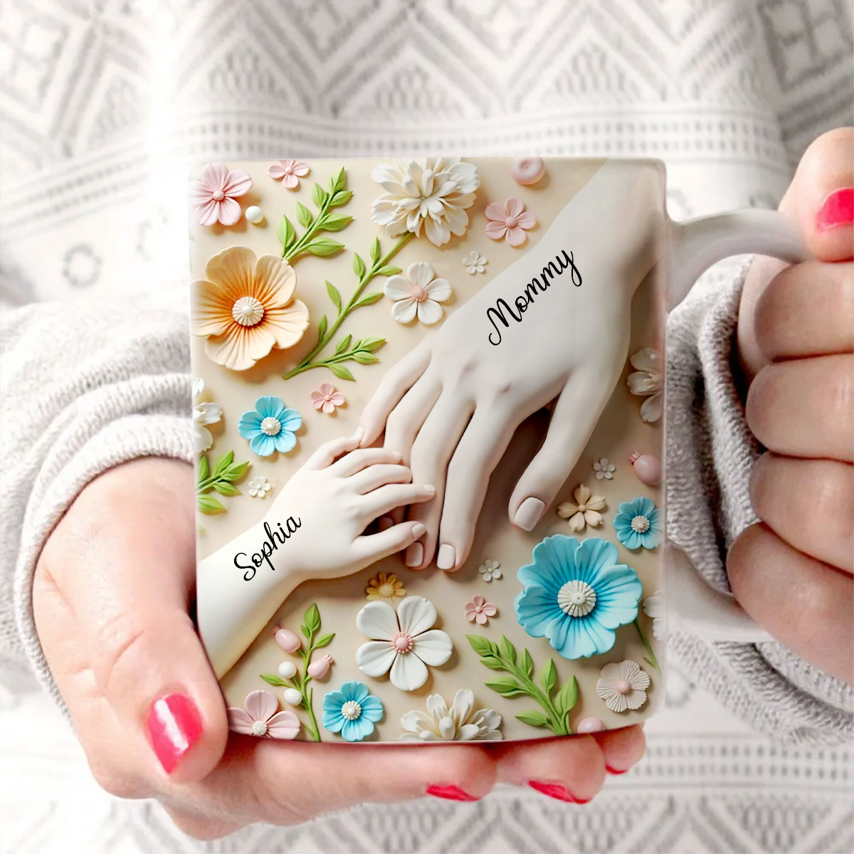 Daughter Son Holding Mother Hand Personalized 3D Effect Mug, Mother's Day Gift for Mom, Grandma