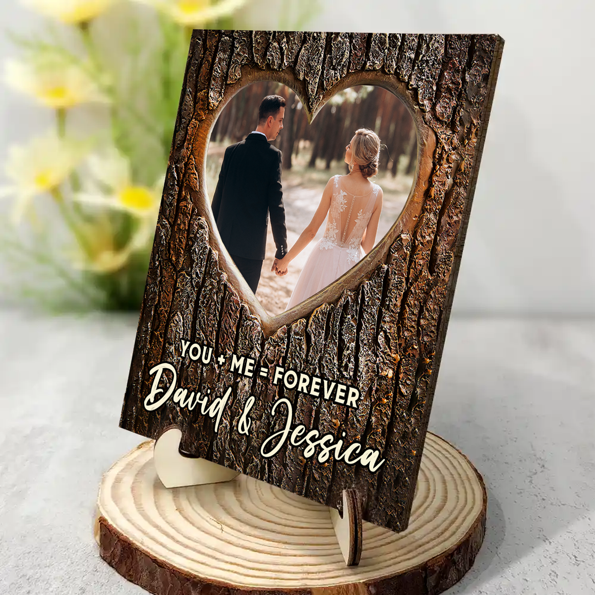 Custom Photo Pencil Drawing Carved In Love Couple You + Me = Forever - Personalized 2-Layered Wooden Plaque With Stand