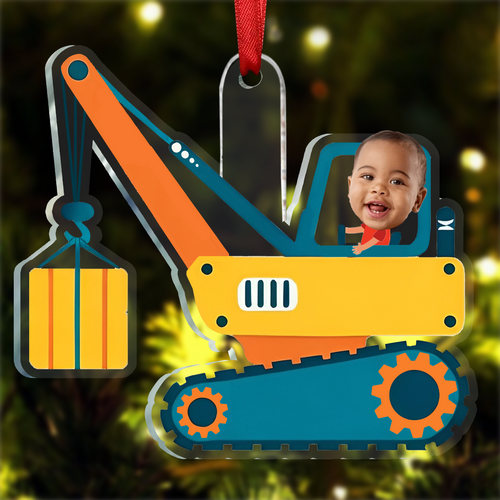 Junge auf Baufahrzeug zu Weihnachten – Personalisiertes Foto-Weihnachtsornament für das erste Weihnachtsfest des Babys