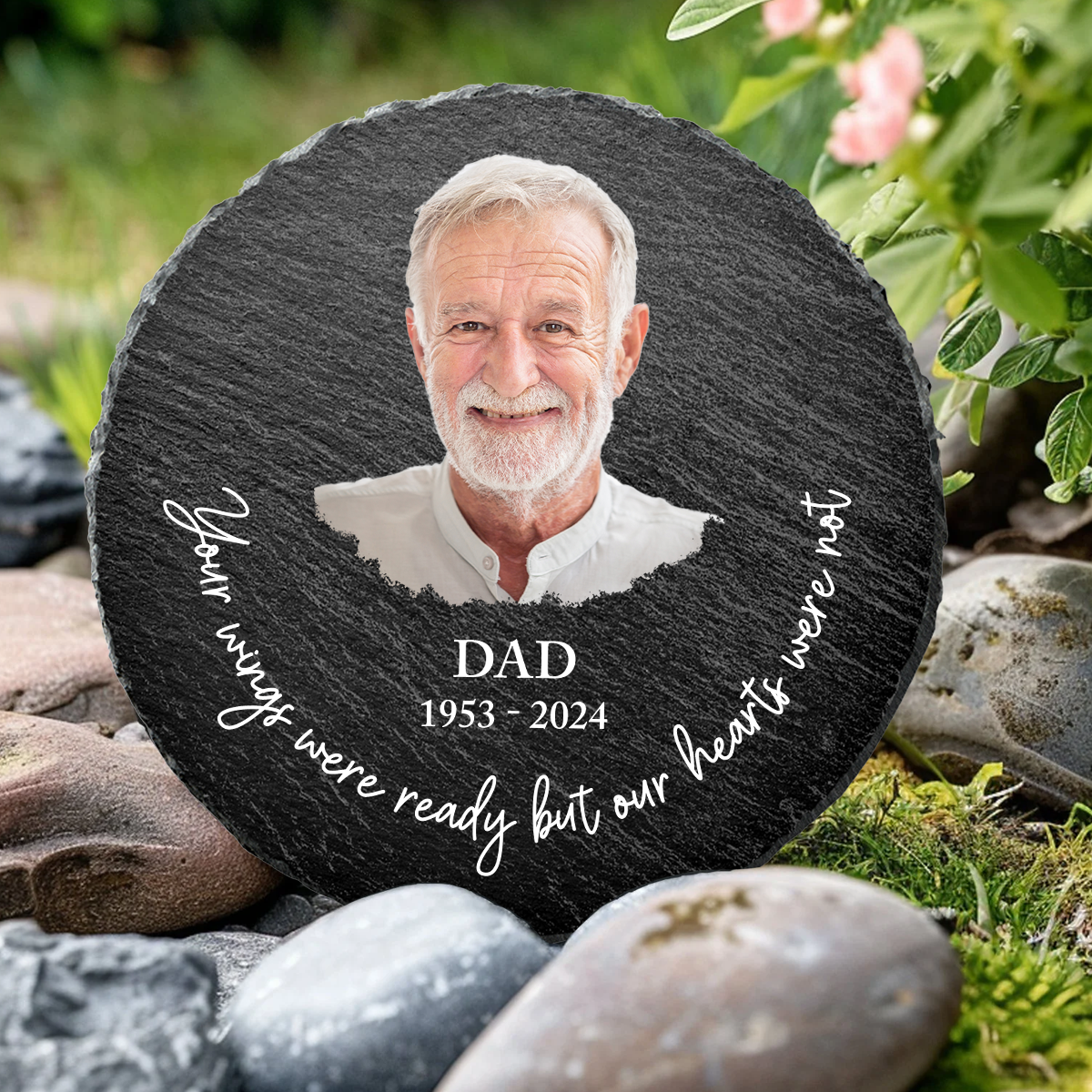 Individueller Foto-Gedenkstein „Your Wings Were Ready“ – Personalisierter runder Gedenkstein für den Garten