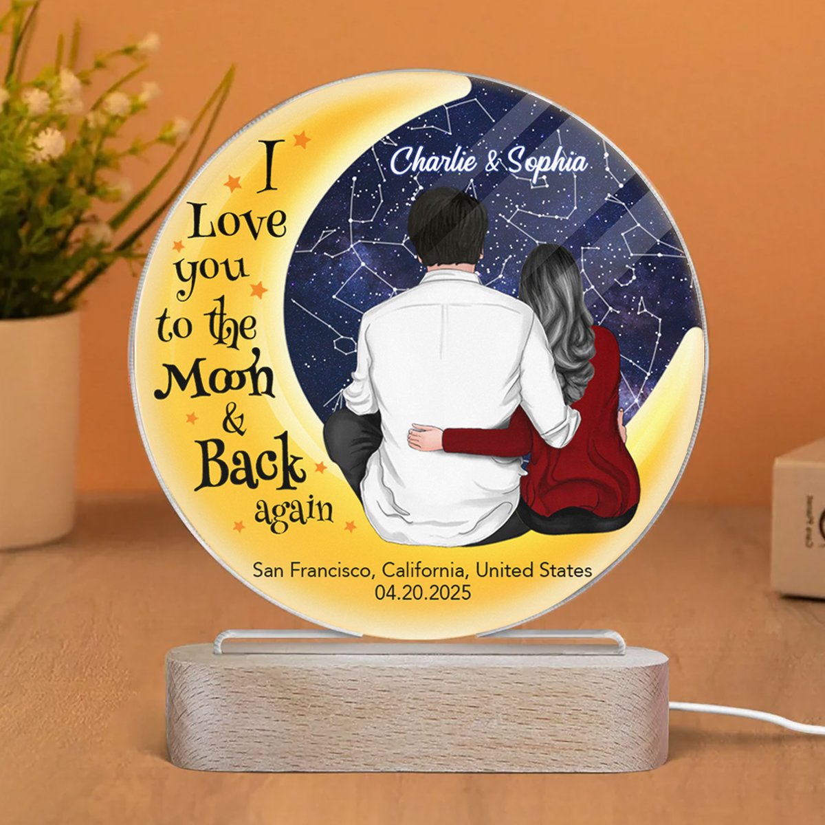 Love You To The Moon Couple Sitting On Moon Personalized Star Map Circle Acrylic Plaque With LED Night Light, Heartfelt Anniversary Gift For Her, For Him