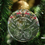 Ornement de Noël personnalisé en verre en forme de cercle - Couple se tenant la main pour leur premier Noël