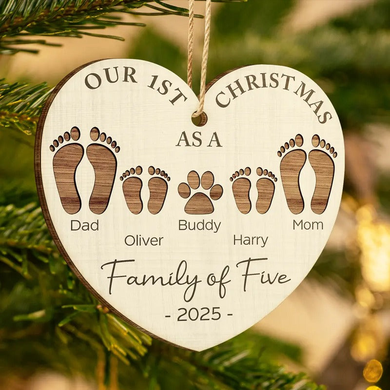 First Christmas As A Family Of Four Footprints - Personalized Custom Shaped Wooden Ornament