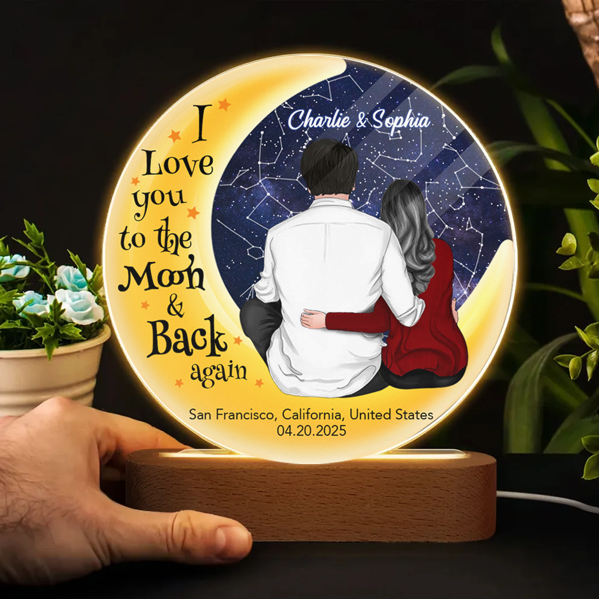 Love You To The Moon Couple Sitting On Moon Personalized Star Map Circle Acrylic Plaque With LED Night Light, Heartfelt Anniversary Gift For Her, For Him