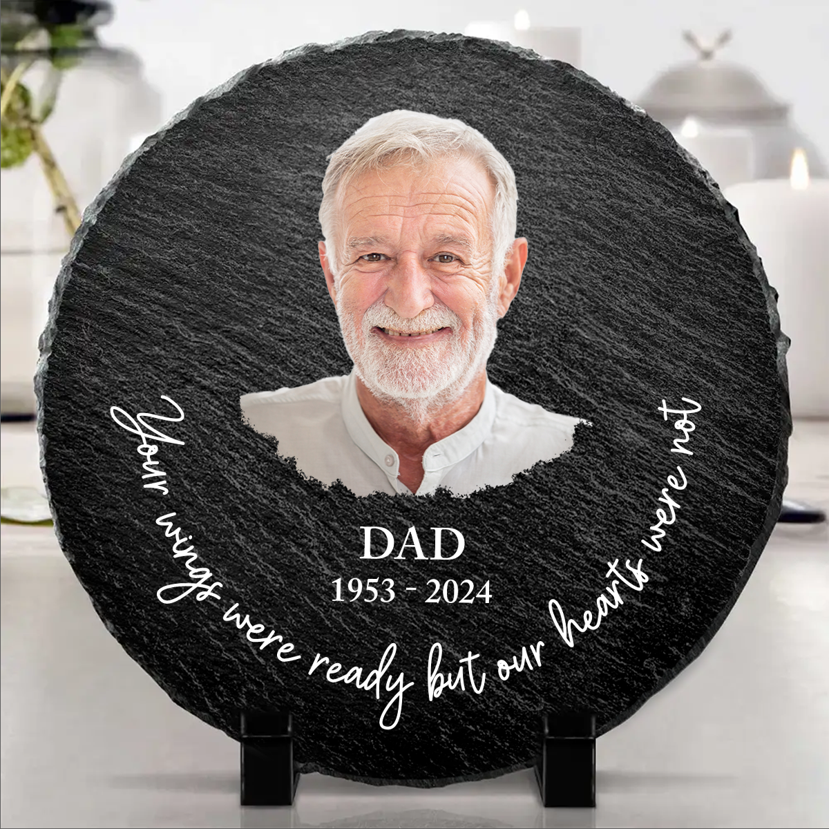 Individueller Foto-Gedenkstein „Your Wings Were Ready“ – Personalisierter runder Gedenkstein für den Garten