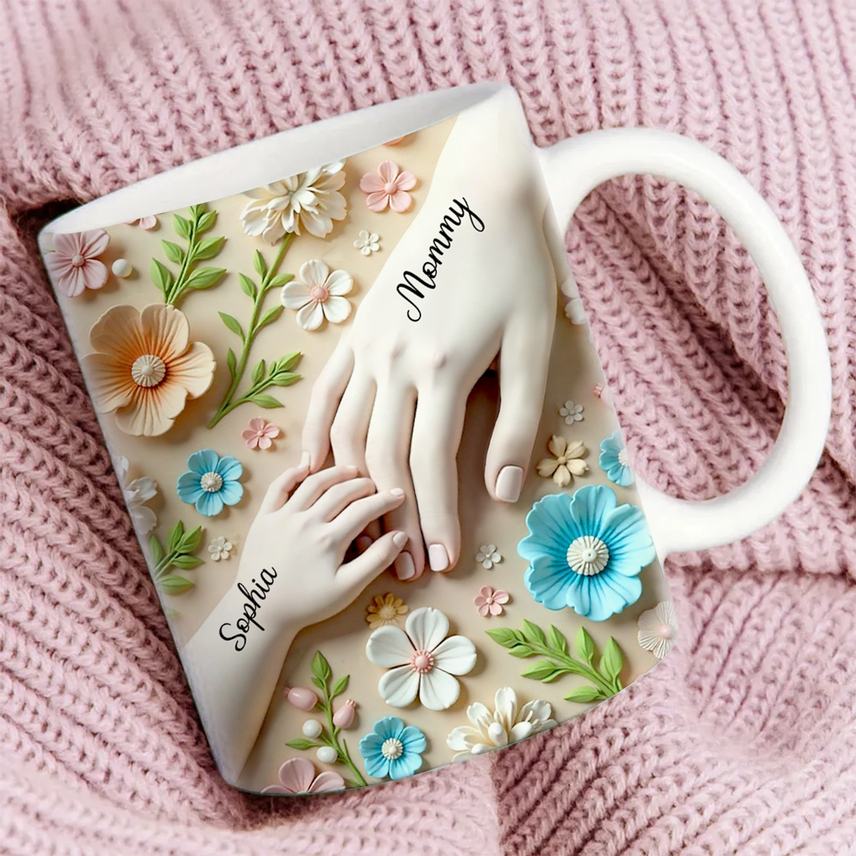 Daughter Son Holding Mother Hand Personalized 3D Effect Mug, Mother's Day Gift for Mom, Grandma