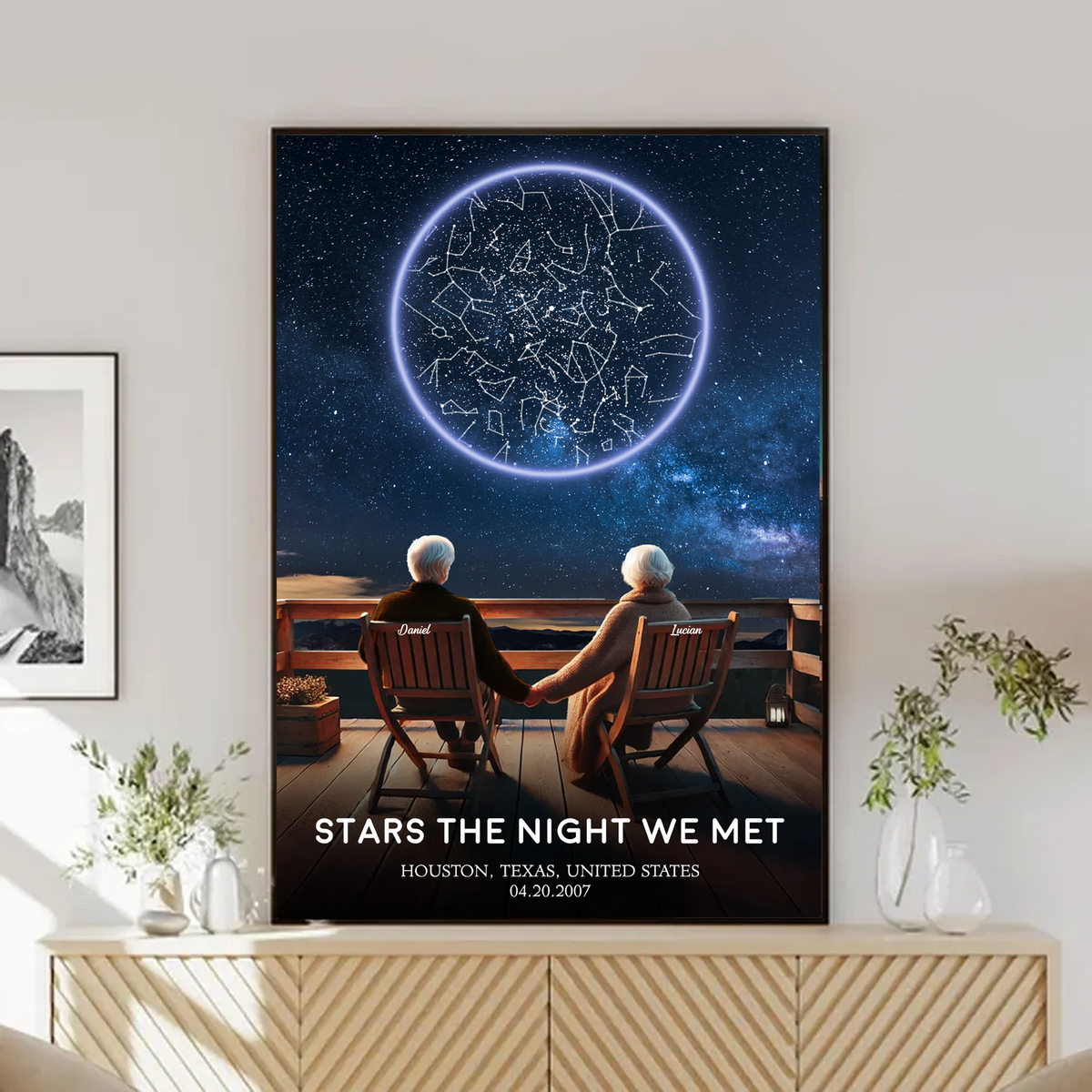 Custom Star Map Personalized Poster, Romantic Old Couple Sitting on the Beach