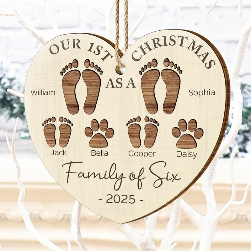 First Christmas As A Family Of Four Footprints - Personalized Custom Shaped Wooden Ornament