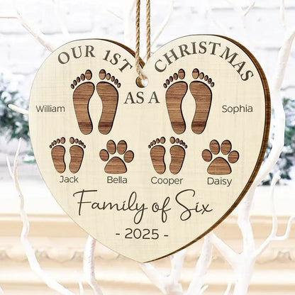 First Christmas As A Family Of Four Footprints - Personalized Custom Shaped Wooden Ornament