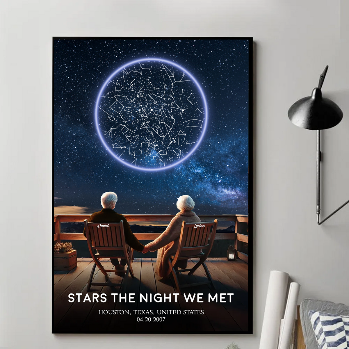 Custom Star Map Personalized Poster, Romantic Old Couple Sitting on the Beach