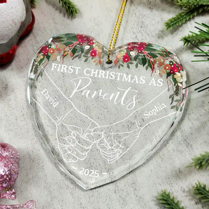 Holding Hands First Christmas Couple - Personalized Circle Glass Ornament