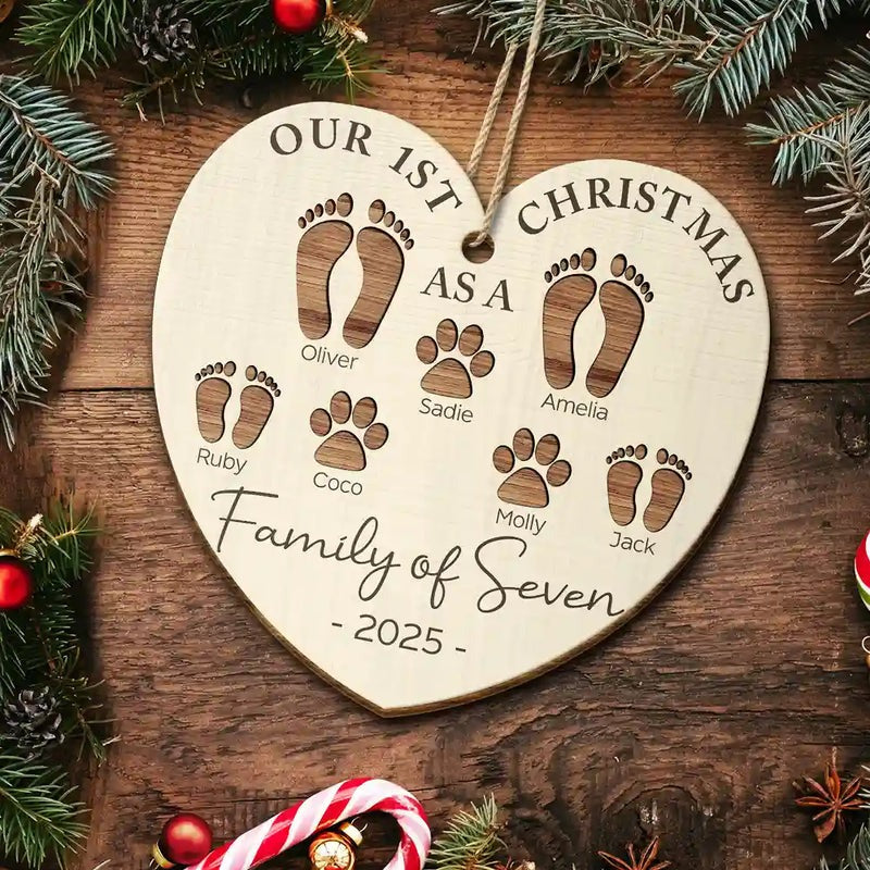 First Christmas As A Family Of Four Footprints - Personalized Custom Shaped Wooden Ornament