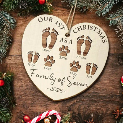 First Christmas As A Family Of Four Footprints - Personalized Custom Shaped Wooden Ornament