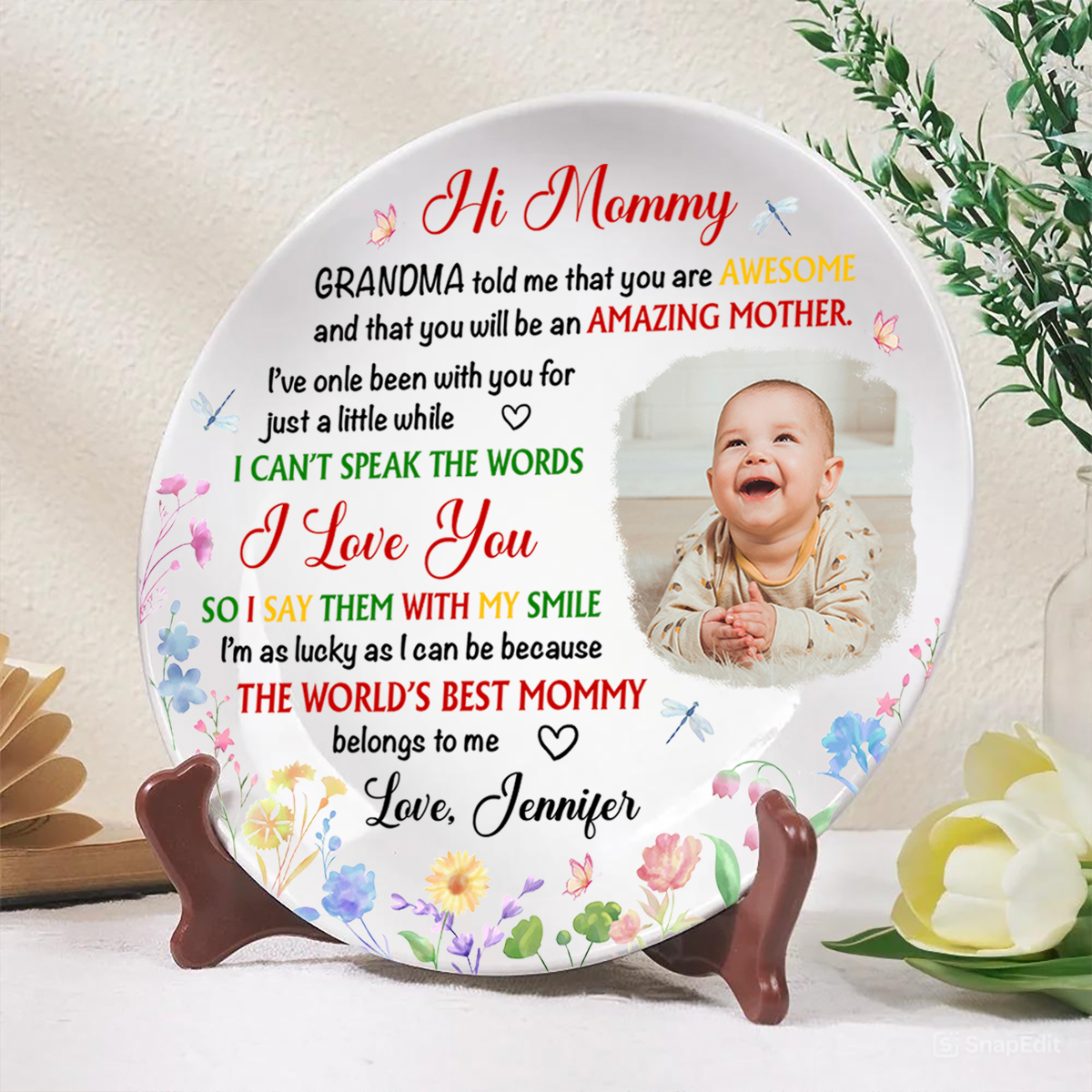Custom Photo Hi Mommy I'm As Lucky As I Can Be - Personalized Ceramic Plate