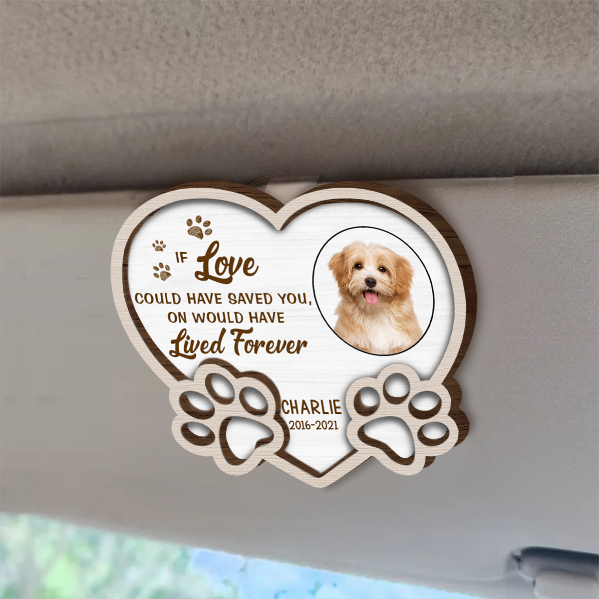 Individuelles Foto „You Left Paw Prints On My Heart Forever“ – Personalisierter, individuell geformter Sonnenblenden-Clip für das Auto