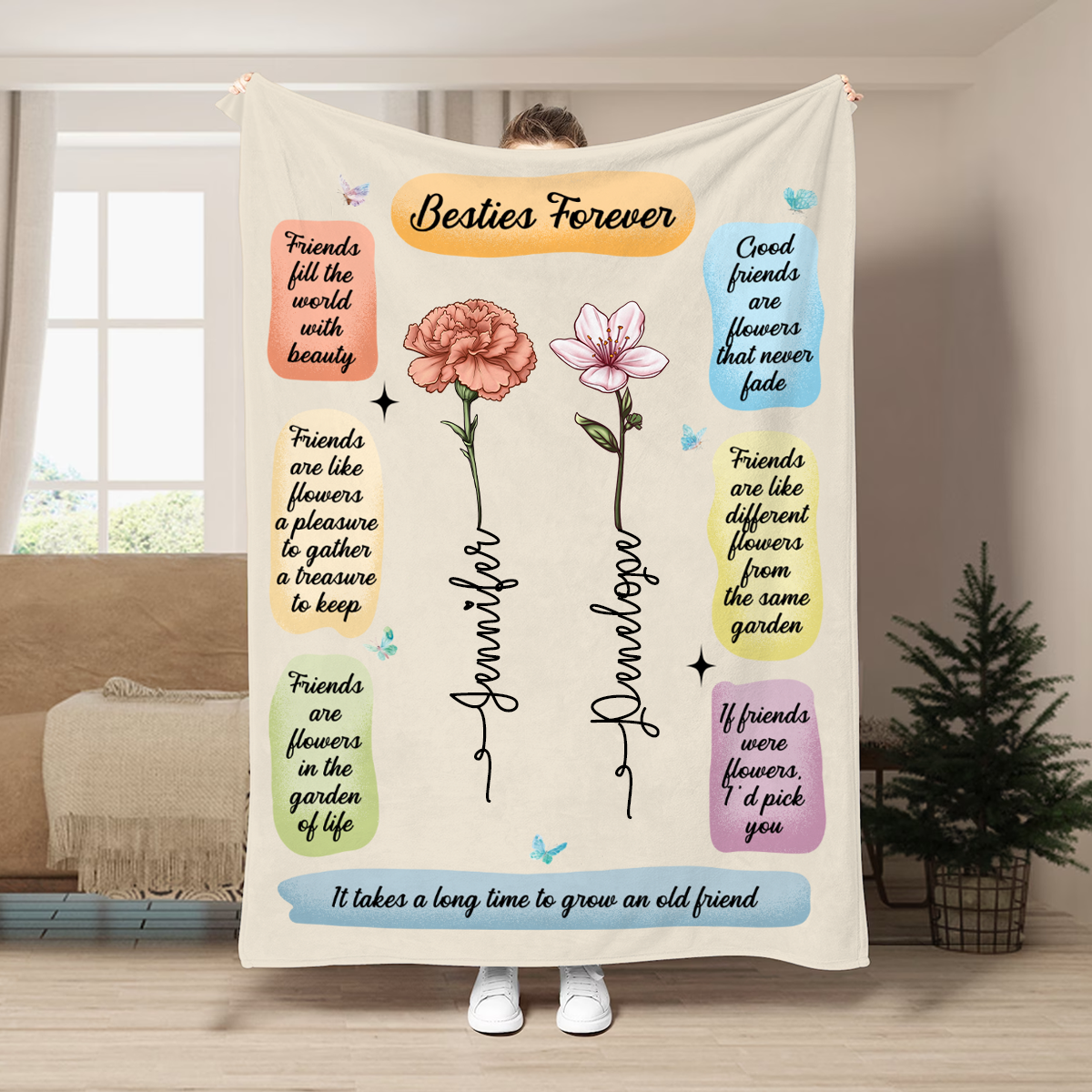 Geburtsblumen Besties für immer – Pflege eine alte Freundschaft – Personalisierte Fleecedecke