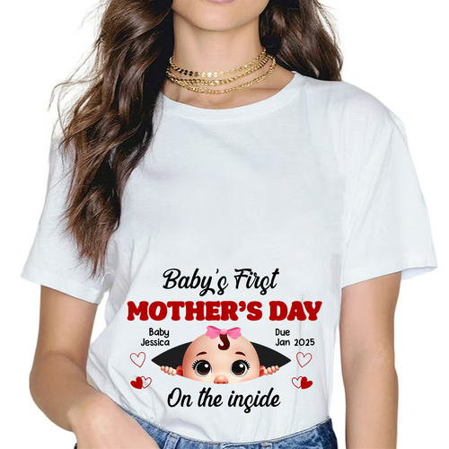 Baby First Mother's Day On The Inside Personalized Shirt, Custom Pregnancy Reveal Shirt, Mother's Day Gift For Expecting Moms