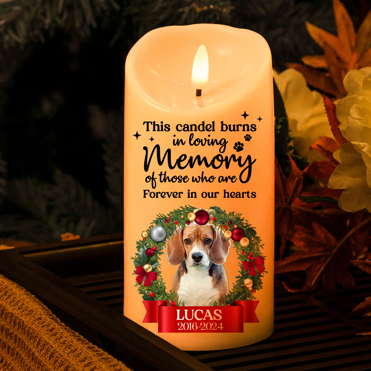 Bougie commémorative avec photo personnalisée : cette bougie brûle en tendre mémoire - Bougie LED sans flamme personnalisée