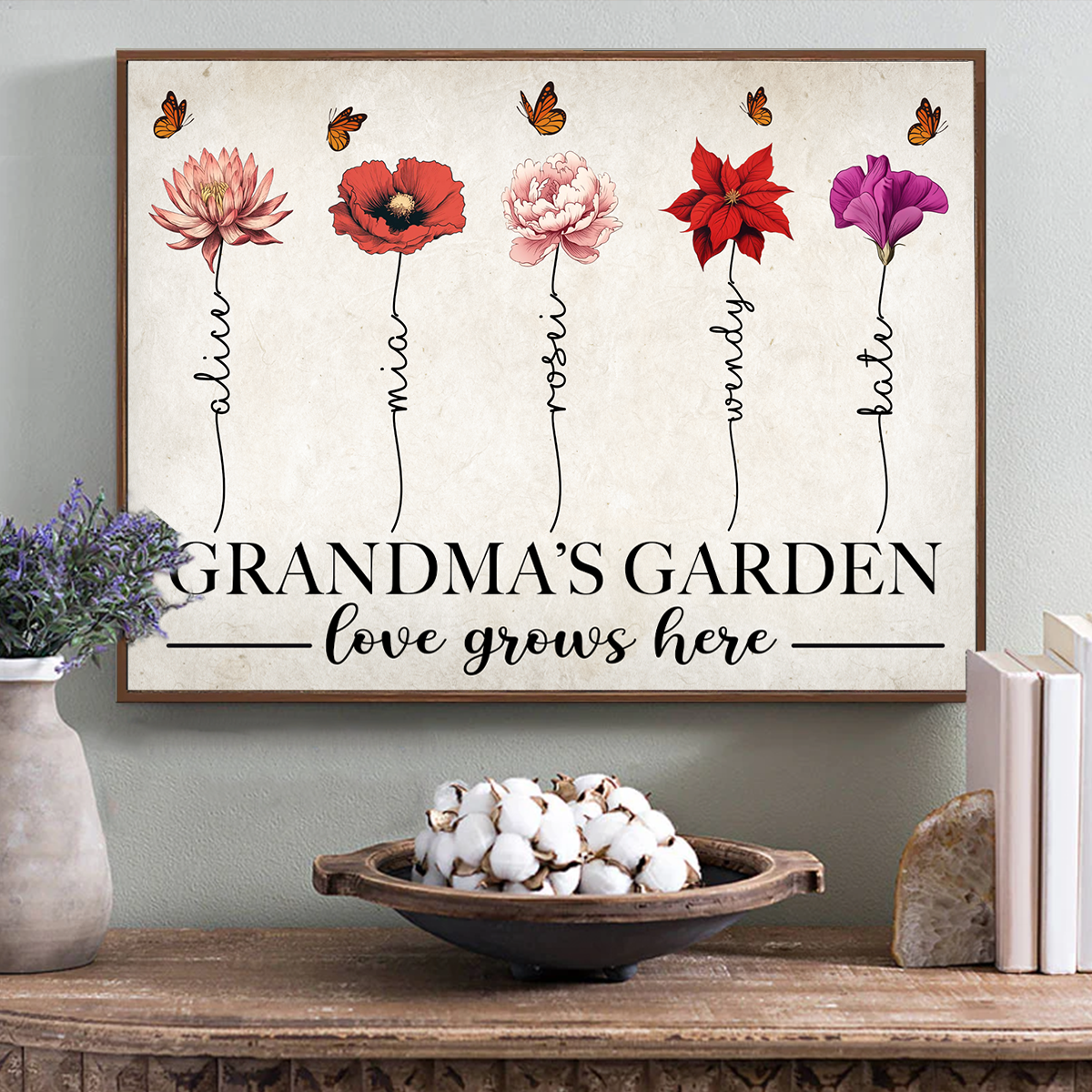 Jardin de grand-mère : l'amour y fleurit, affiche personnalisée avec les magnifiques fleurs des mois de naissance