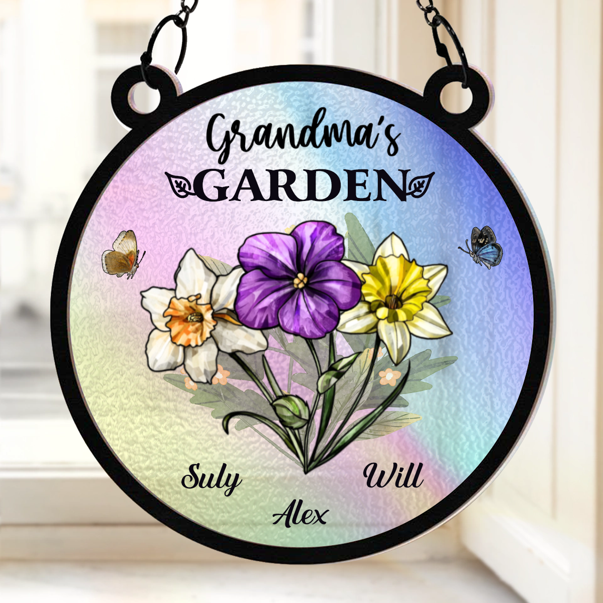 Holographie Jardin de Grand-mère Fleur de Naissance - Attrape-soleil décoratif personnalisé à suspendre aux fenêtres