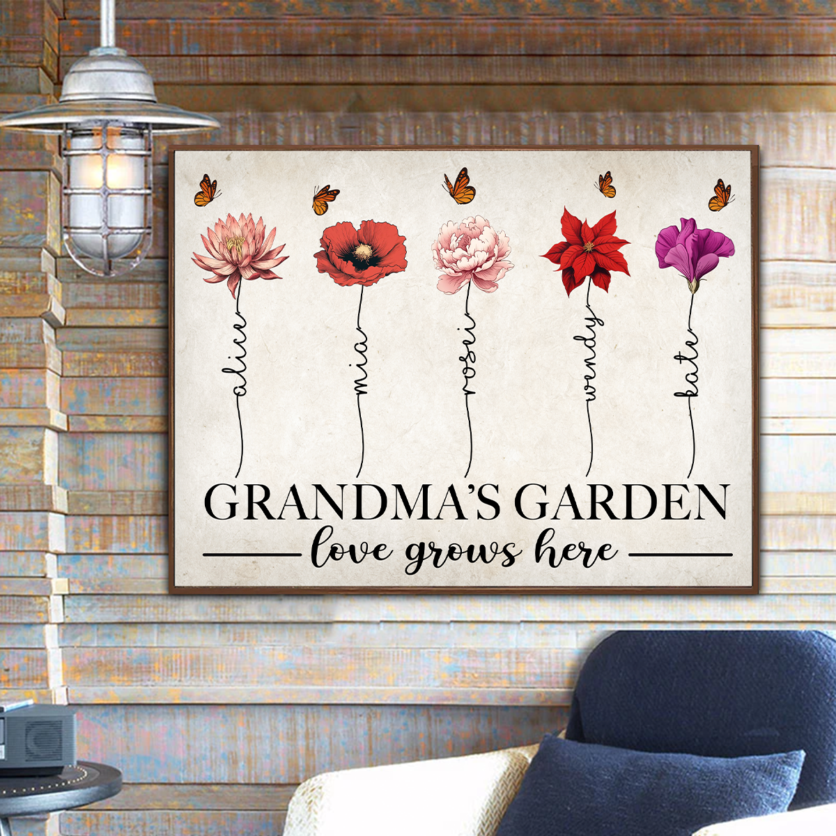 Jardin de grand-mère : l'amour y fleurit, affiche personnalisée avec les magnifiques fleurs des mois de naissance