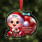 Ornement en acrylique personnalisé pour le premier Noël de bébé avec effet 3D boule de Noël à côté de bébé