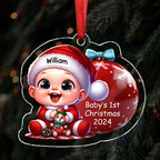 Ornement en acrylique personnalisé pour le premier Noël de bébé avec effet 3D boule de Noël à côté de bébé
