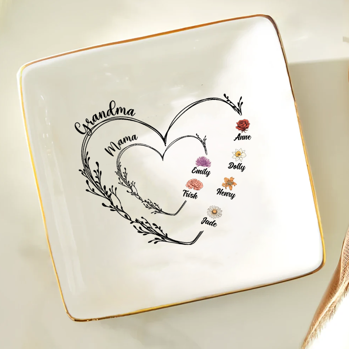 Coupelle à bijoux personnalisée - Fleurs de naissance de maman et grand-mère