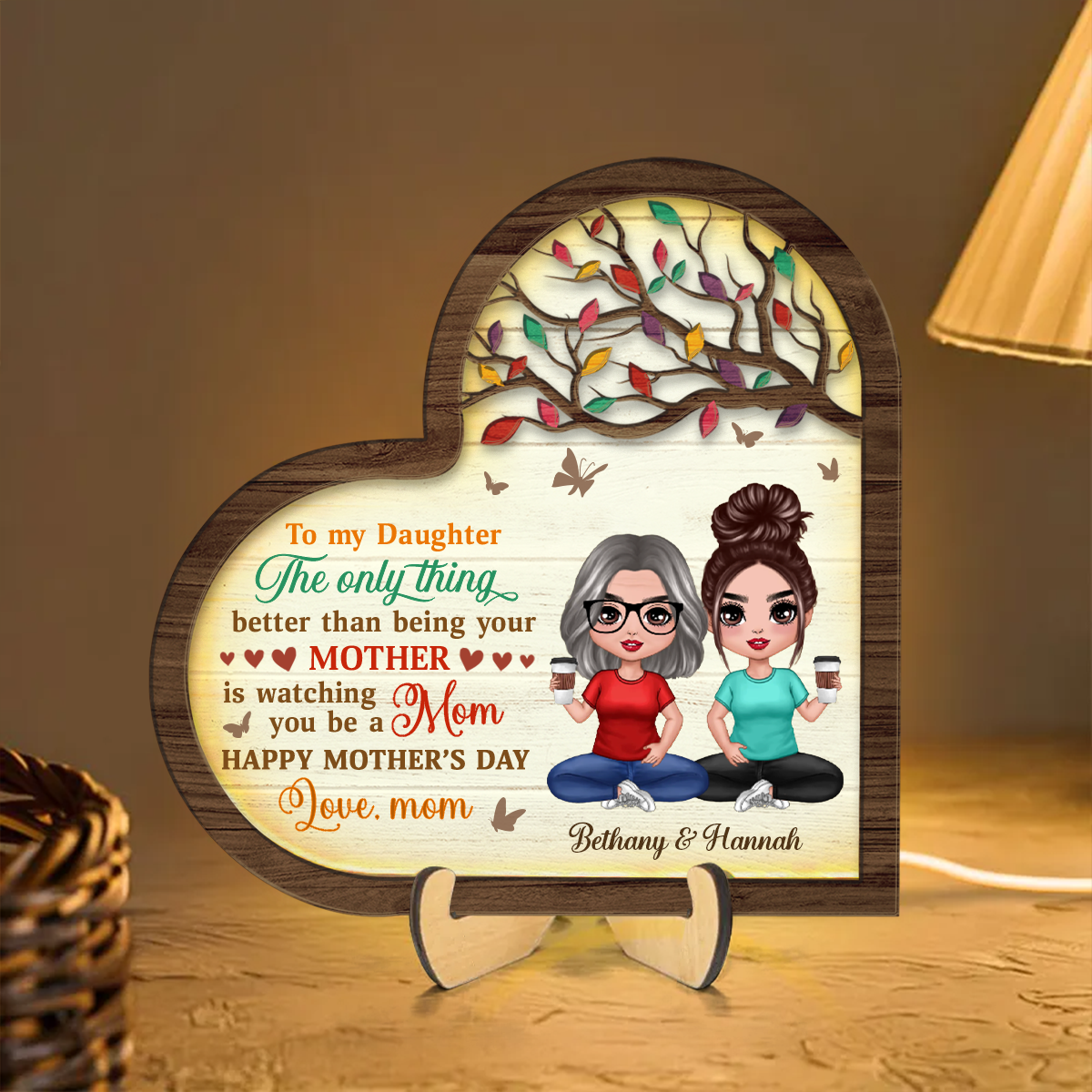 To My Daughter Gift From Mom Heart Personalized 2-Layered Wooden Plaque With LED