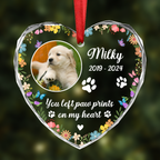 Ornement en acrylique en forme de cœur personnalisé - Mémorial pour chien ou chat avec photo personnalisée « You Left Paw Prints On My Heart »