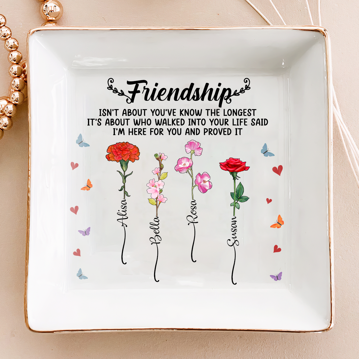 Coupelle à bijoux personnalisée - Fleur de naissance « Amitié, je suis là pour toi »