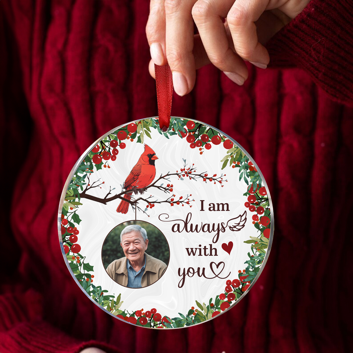 Ornement circulaire personnalisé avec photo commémorative « Toujours avec vous », motif branche de houx et cardinal