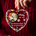 Ornement en acrylique en forme de cœur personnalisé - Mémorial pour chien ou chat avec photo personnalisée « You Left Paw Prints On My Heart »