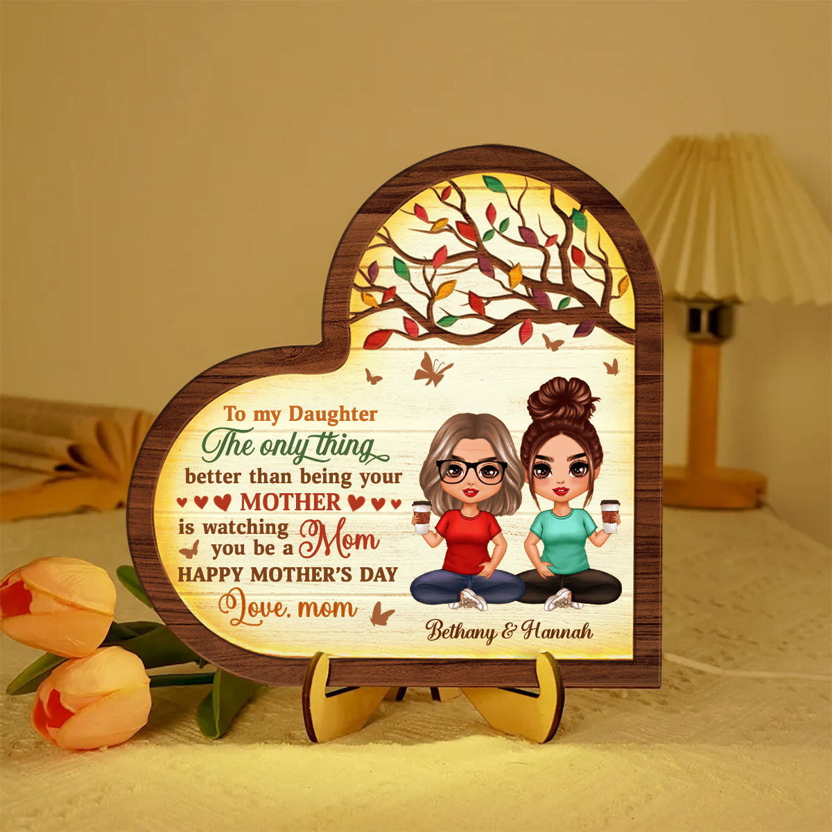 To My Daughter Gift From Mom Heart Personalized 2-Layered Wooden Plaque With LED