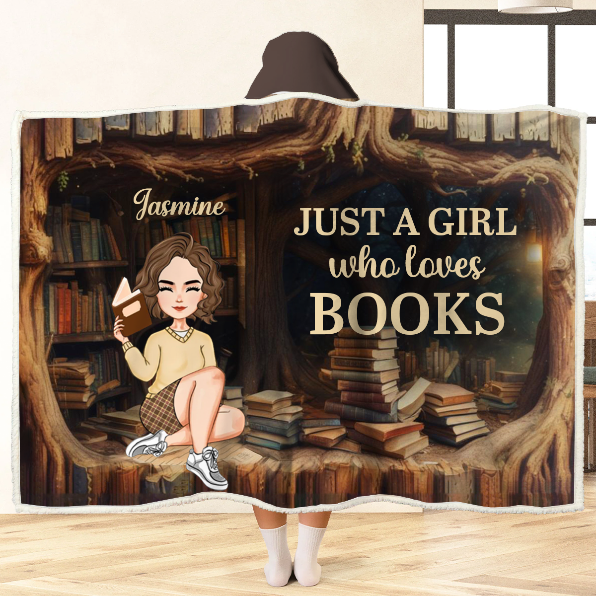 Juste une fille qui aime les livres - Couverture à capuche personnalisable avec bibliothèque