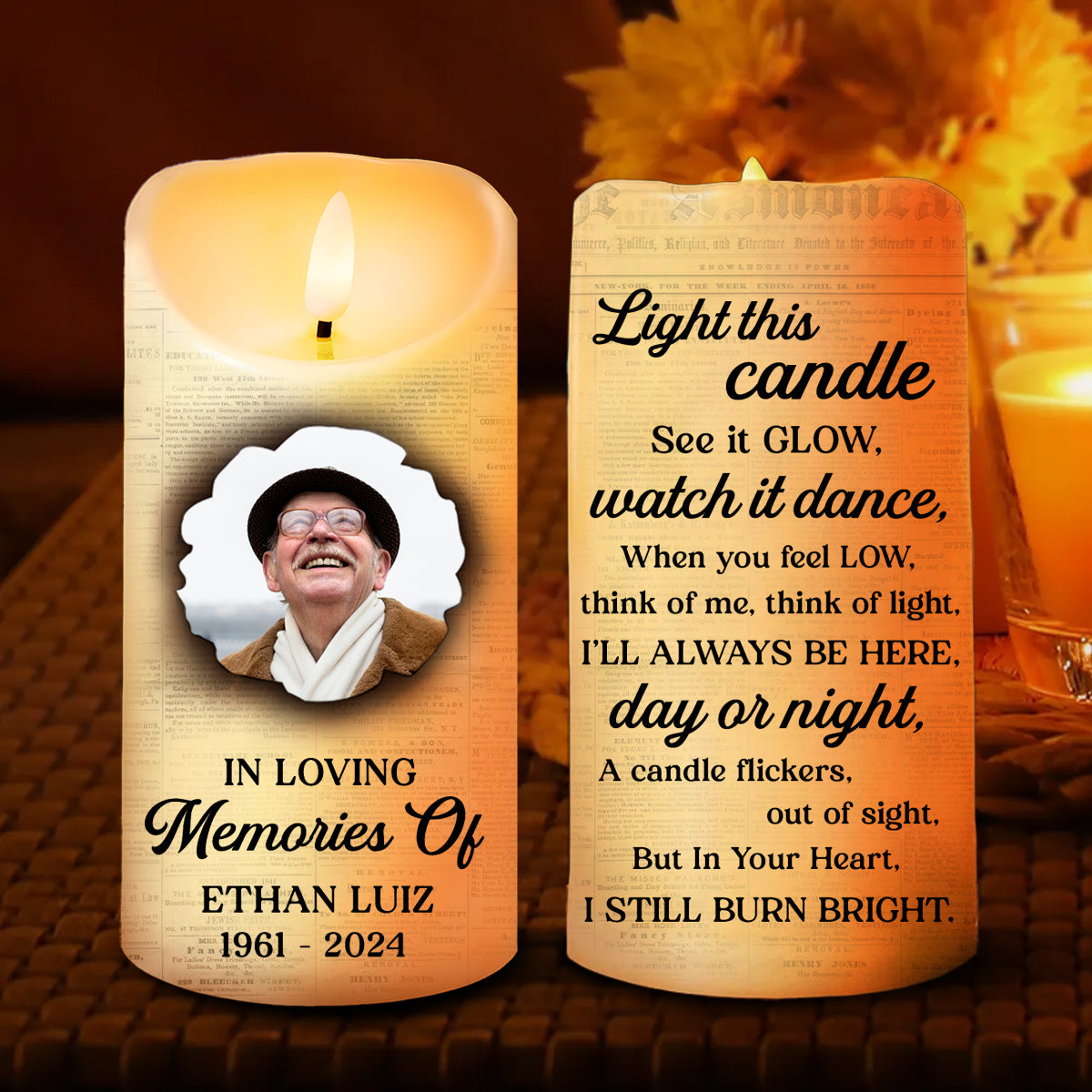 Photo personnalisée « I Still Burn Bright » – Bougie LED sans flamme personnalisée