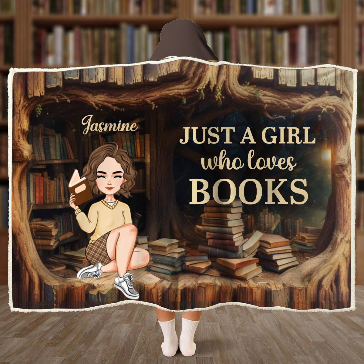 Juste une fille qui aime les livres - Couverture à capuche personnalisable avec bibliothèque