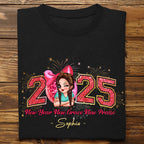 Bonne année 2025, nœud rose coquette, nouvel an rétro, cadeau de nouvel an pour vous-même