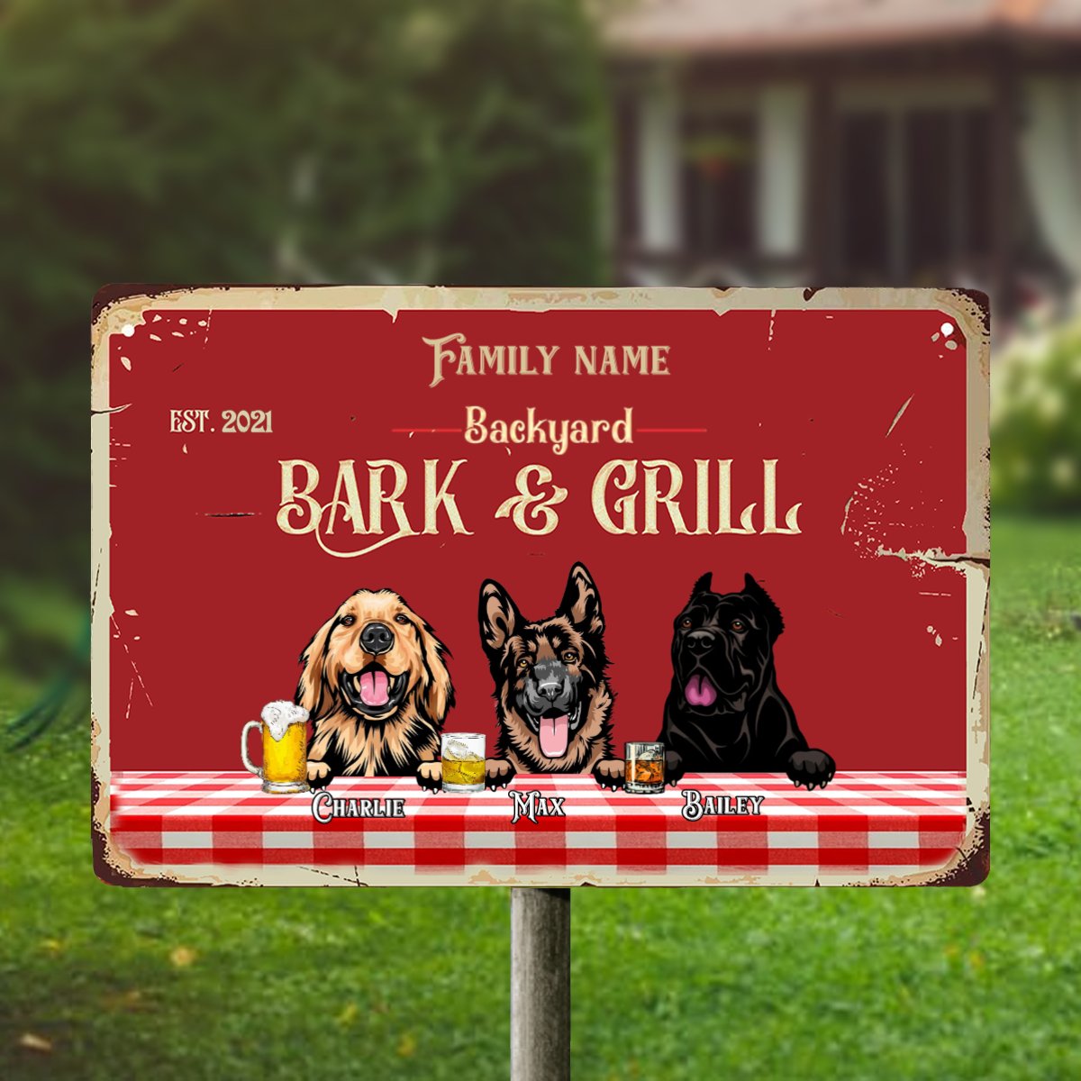Backyard Bark & Grill Dog Funny Personalized Metal Sign