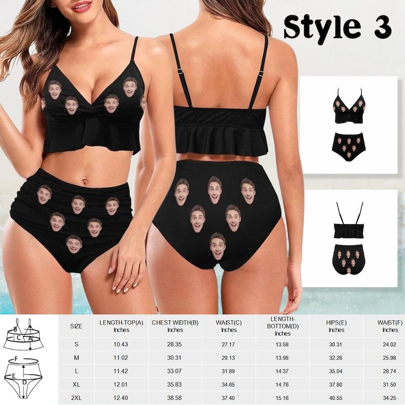 Bikini - Custom Big Face Black Swimsuit With Solid Color - Personalized Bikini Swimsuit