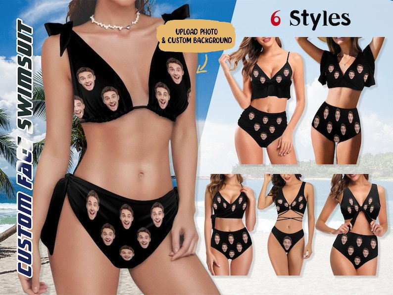 Bikini - Custom Big Face Black Swimsuit With Solid Color - Personalized Bikini Swimsuit