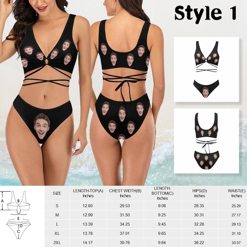 Bikini - Custom Big Face Black Swimsuit With Solid Color - Personalized Bikini Swimsuit
