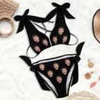 Bikini - Custom Big Face Black Swimsuit With Solid Color - Personalized Bikini Swimsuit