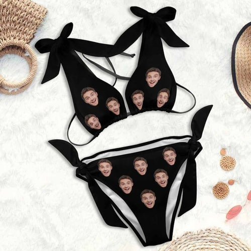 Bikini - Individueller Badeanzug mit großem Gesicht in Schwarz und einfarbig - Personalisierter Bikini-Badeanzug