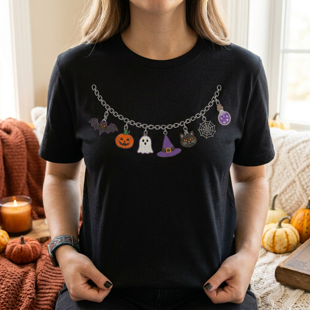 T-shirt Collier Charme d'Halloween – Haut Citrouille, Fantôme, Chapeau de Sorcière & Chat Noir